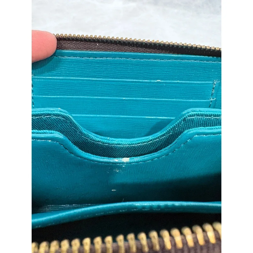 Fossil Logan Zip Around Clutch Wallet Burgundy Leather Teal Interior Wristlet